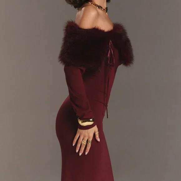 Burgundy Off-Shoulder Long Sleeve Faux Fur Women's Evening Dress - Picture 7 of 7